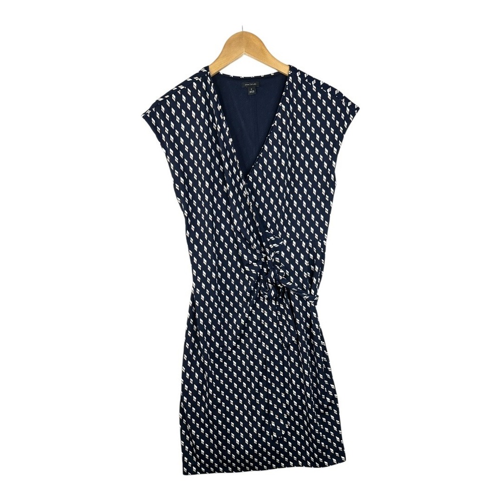 Ann Taylor Geometric Cinched Waist V-neck Dress size 0 Blue